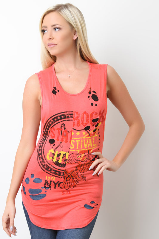 Distressed Rock Graphic Muscle Tank Top