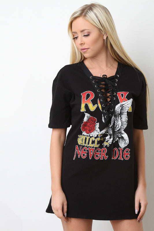 Jersey Knit Lace-Up Graphic Print T-Shirt Dress