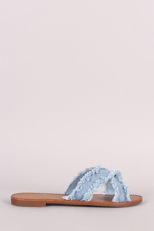 Breckelle Crisscross Frayed Denim Slide Flat Sandal