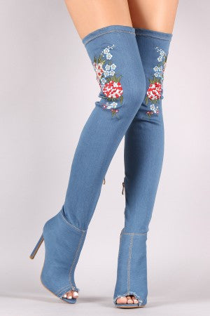 Denim Stiletto Embroidered Floral Over The Knee Boots