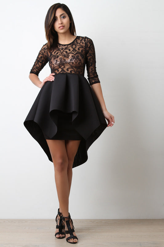 Sheer Mesh Lace High Low Peplum Dress