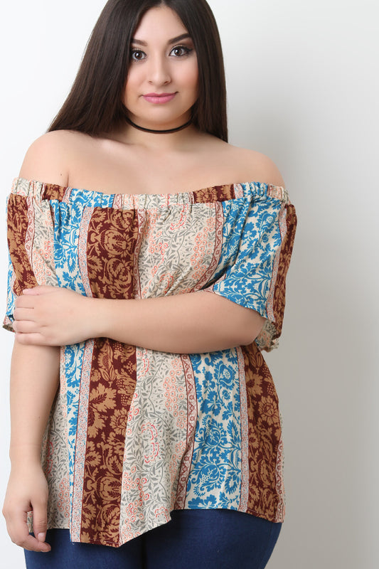 Mixed Print Off The Shoulder Boxy Top