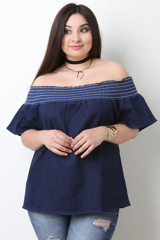 Smocked Off The Shoulder Bell Sleeve Denim Top