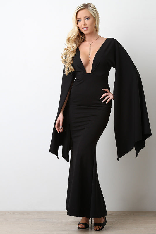Plunging Neck Open Sleeve Mermaid Maxi Dress