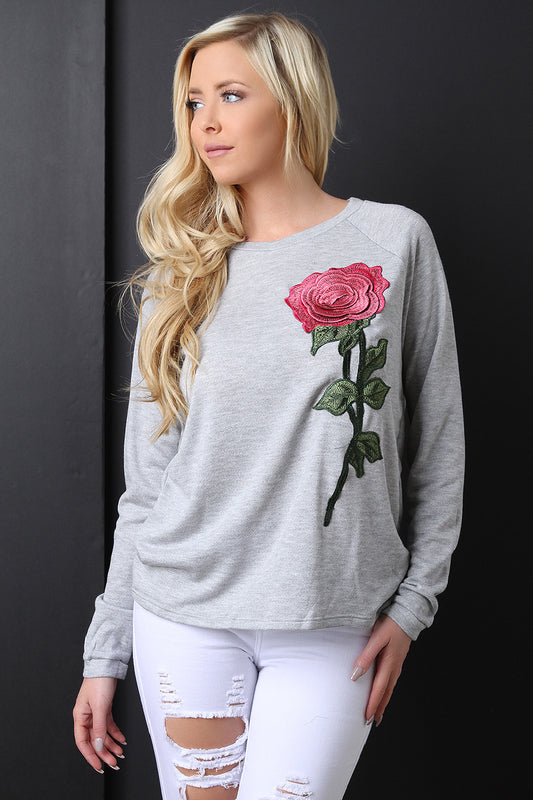 Embroidered Rosette Patch Long Sleeves Top