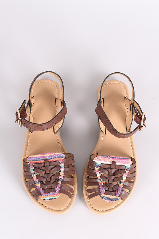 Soda Woven Tribal Peep Toe Ankle Strap Flat Sandal