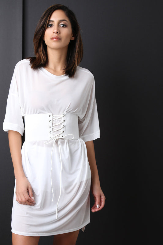 Semi-Sheer Mesh Corset Belted T-Shirt Dress