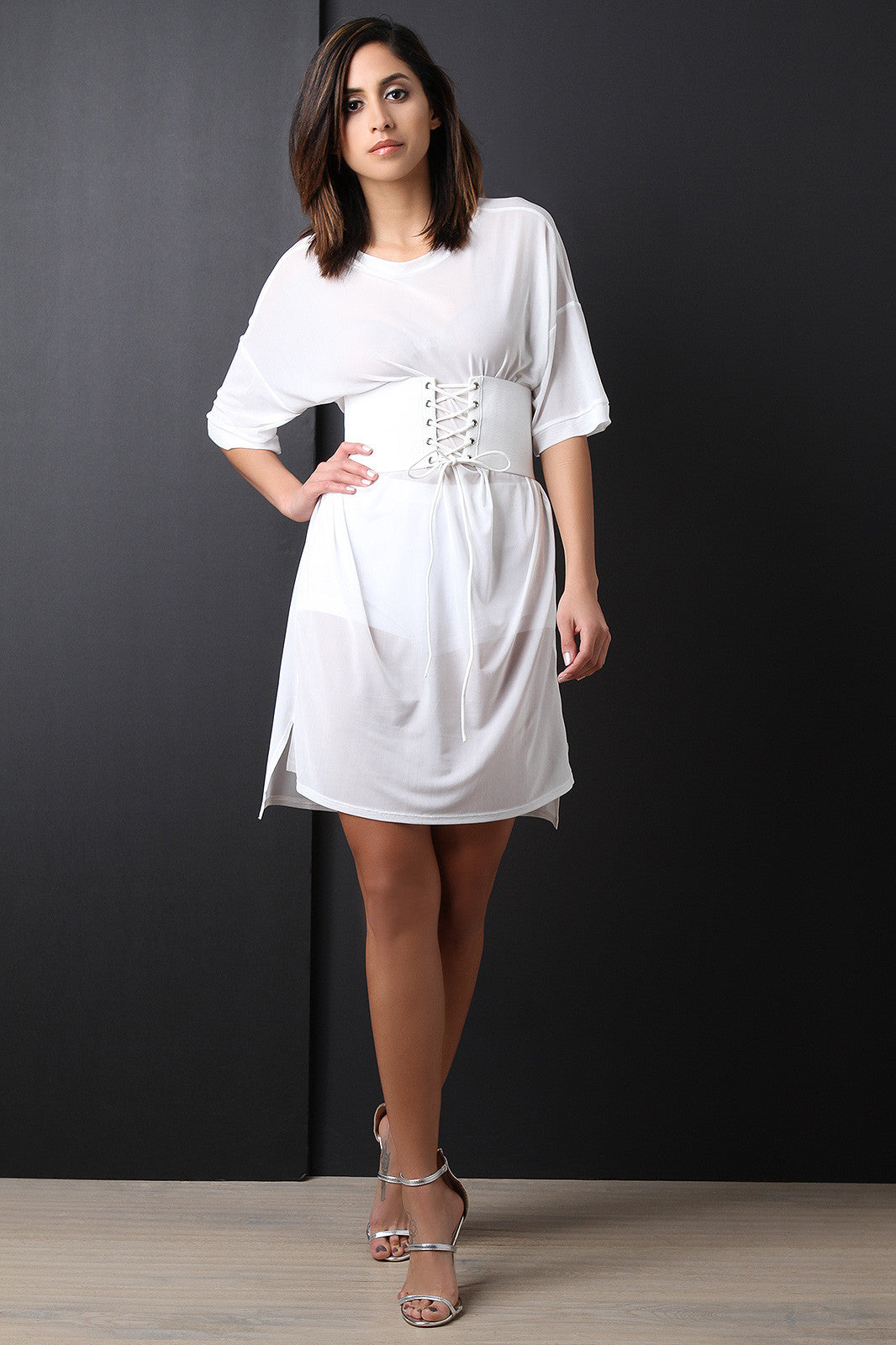 Semi-Sheer Mesh Corset Belted T-Shirt Dress