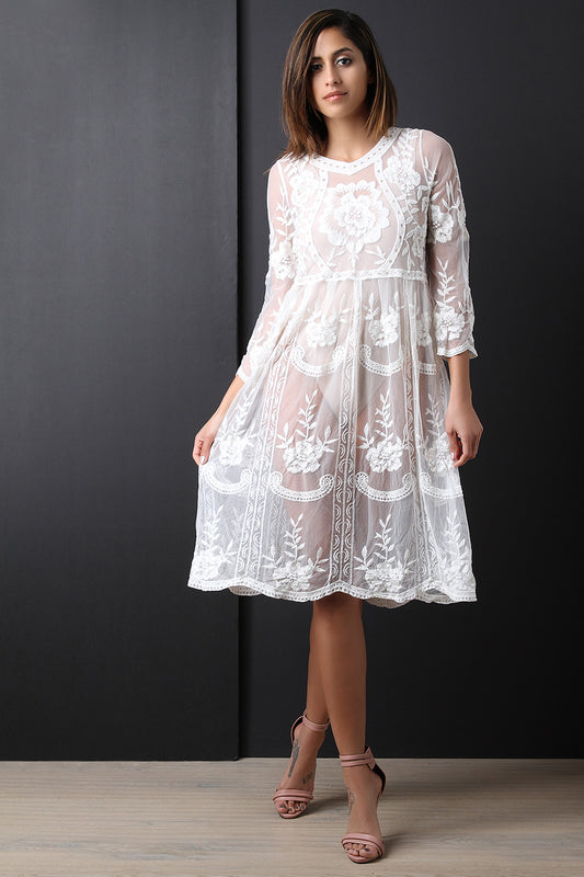 Semi-Sheer Mesh Floral Crochet Shift Dress