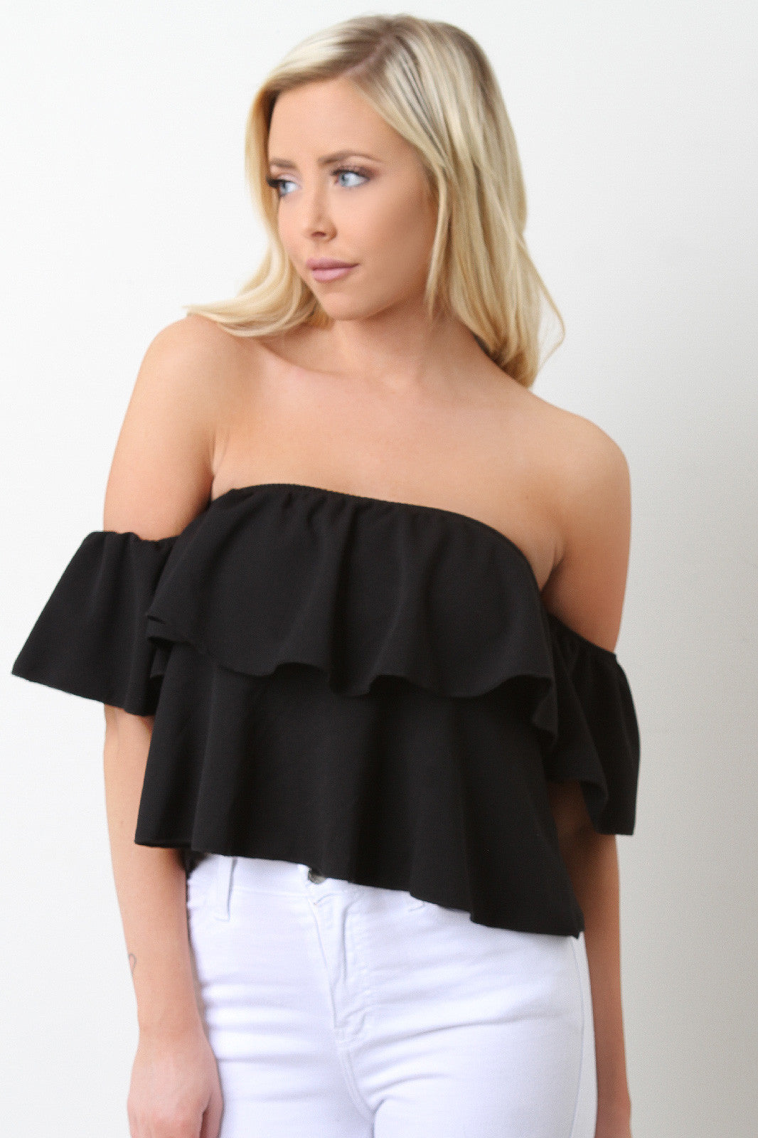 Bardot Ruffle Crop Top