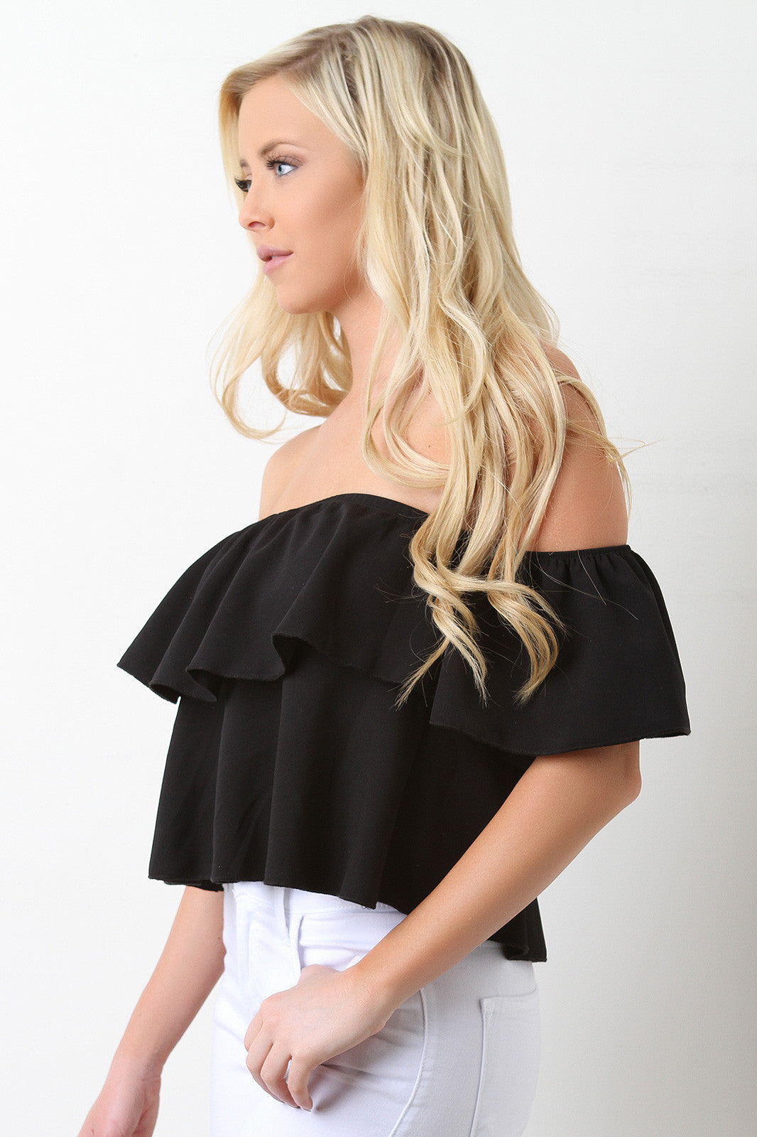 Bardot Ruffle Crop Top