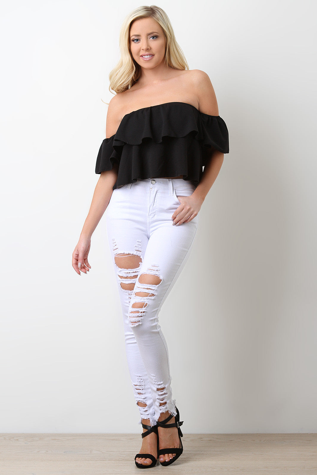 Bardot Ruffle Crop Top