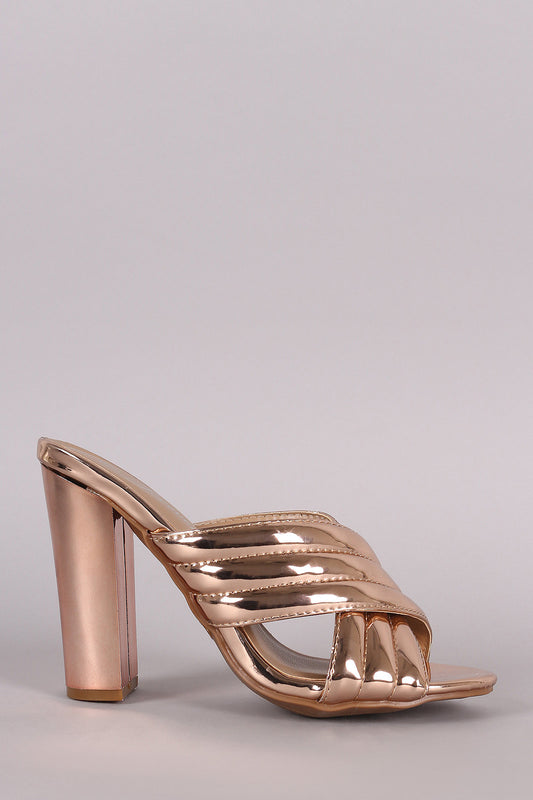 Quilted Metallic Patent Crisscross Chunky Mule Heel