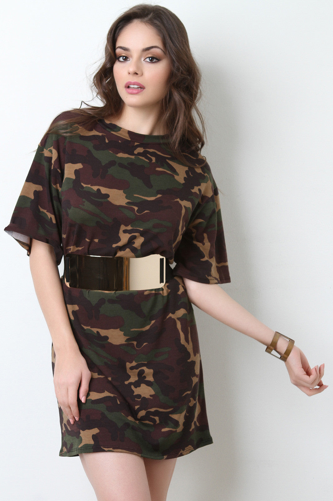 Belted Camouflage T-shirt Dress
