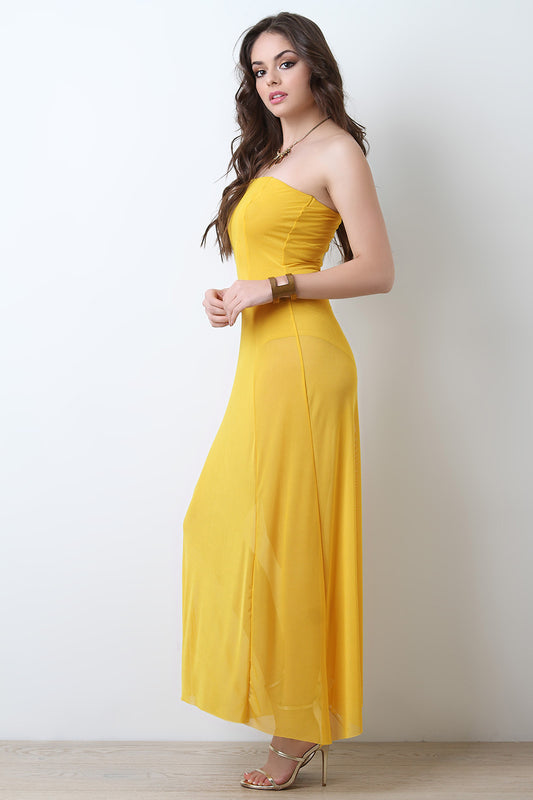 Strapless Tube Bodysuit Mesh Maxi Dress