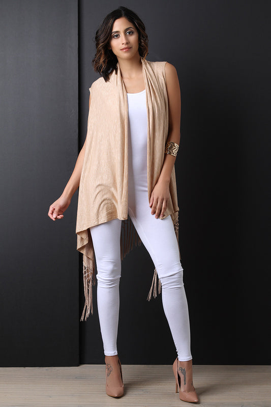 Draped Open Front Fringe-Hem Vest