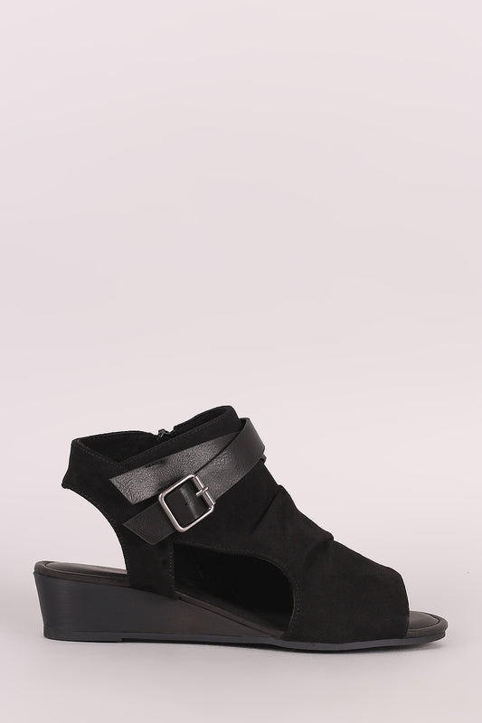 Bamboo Suede Crisscross Buckled Strap Cutout Wedge Sandal