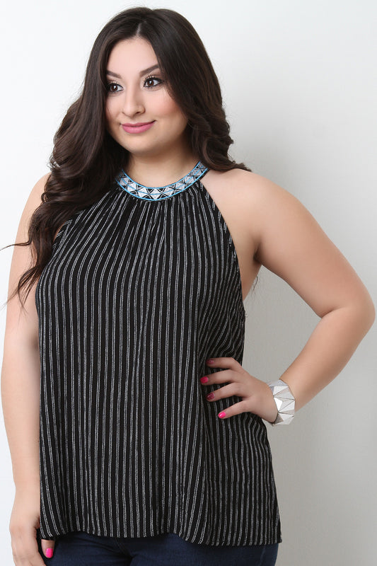 Sleeveless Embroidery Mock Neck Striped Top