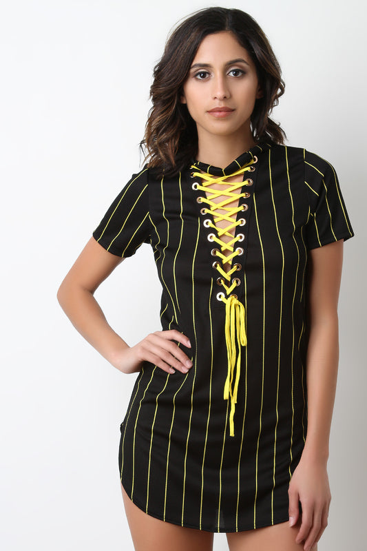 Pinstripes Lace-Up Jersey Dress