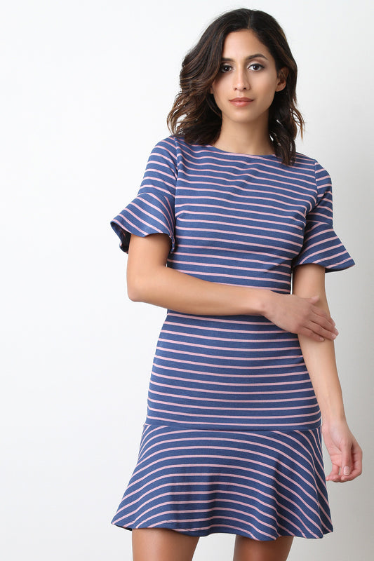 Striped Bell Sleeve Peplum Hem Mini Dress