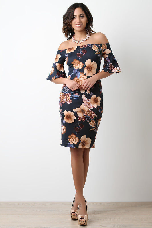 Bell Sleeves Floral Bodycon Bardot Dress