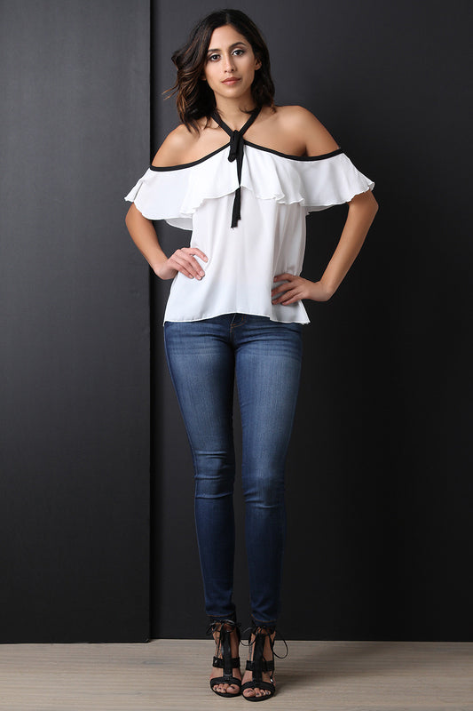 Cold Shoulder Ruffle Tier Halter Racerback Top