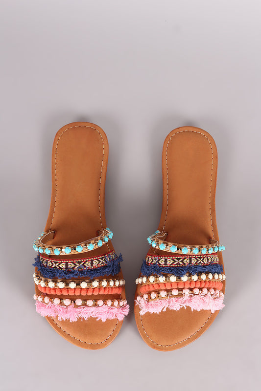 Qupid Jewels And Fringes Embellished Slide Sandal