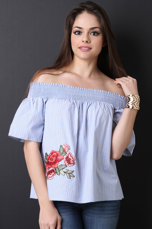 Striped Floral Patch Accent Smocked Top
