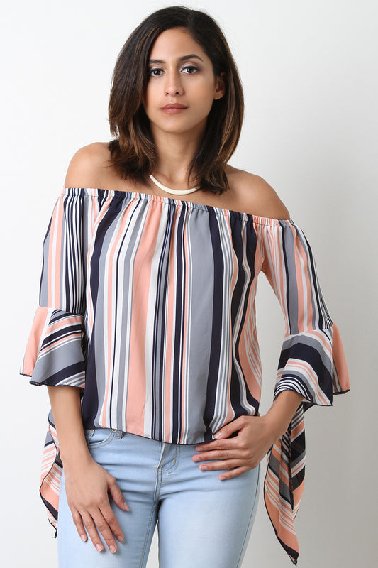Striped Bardot Bell Sleeve Top