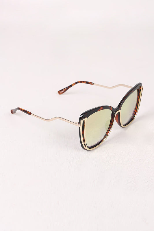 Wavy Arms Metallic Accent Mirrored Butterfly Sunglasses
