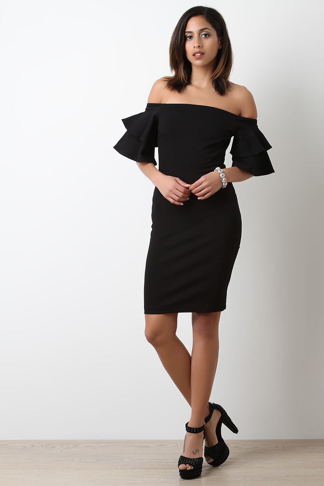Bardot Tiered Ruffle Bell Sleeve Midi Dress