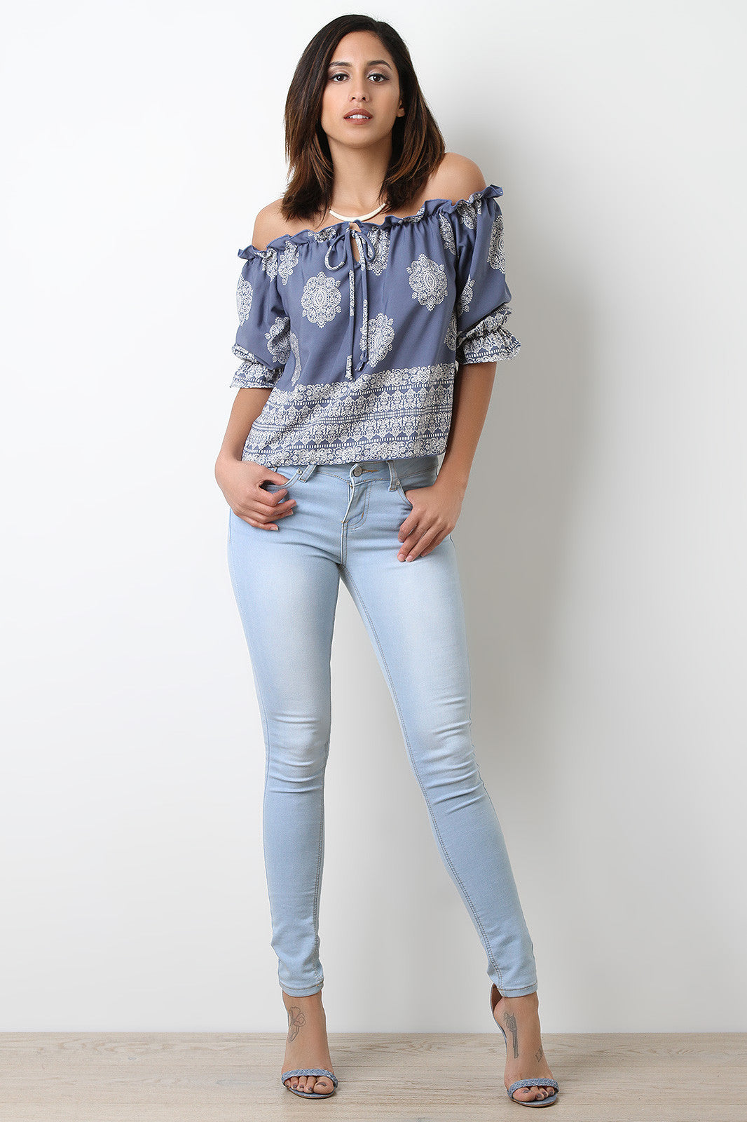 Boho Print Bardot Self-Tie Top