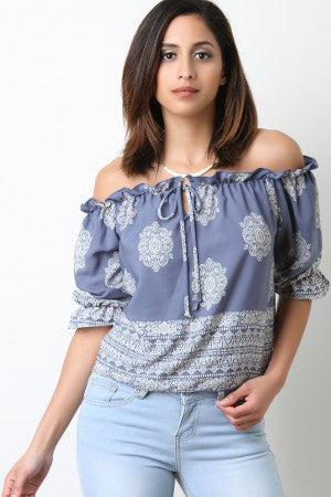 Boho Print Bardot Self-Tie Top