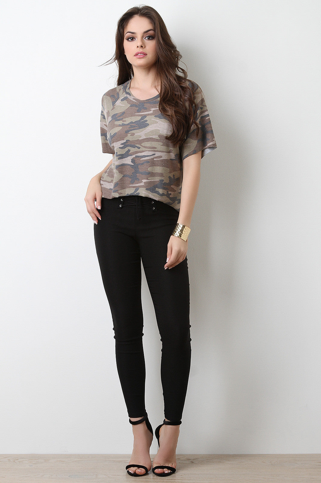 Camouflage Slit Back Raw Hem Top
