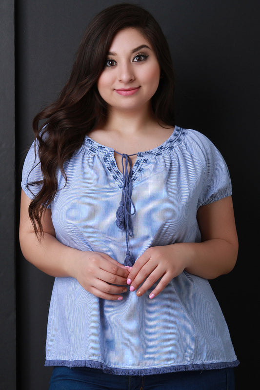 Embroidered Yoke Striped Top