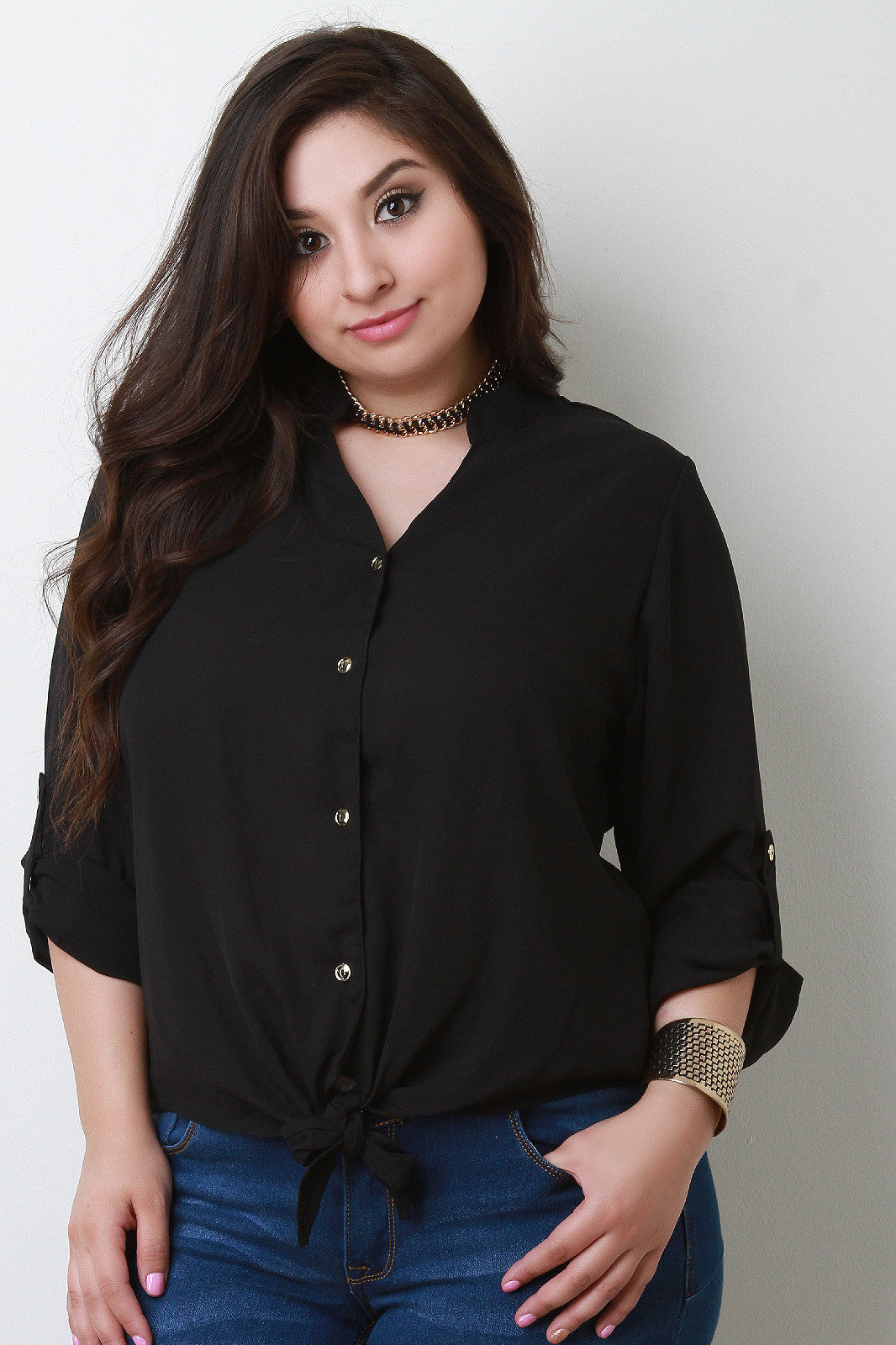Button Up Self-Tie Hem Blouse Top