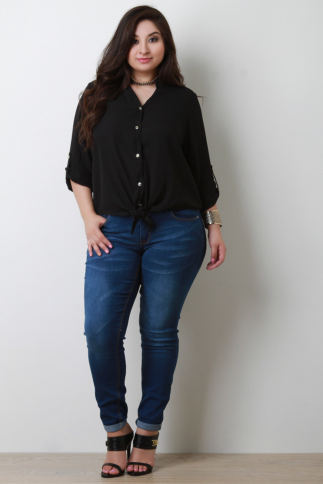 Button Up Self-Tie Hem Blouse Top