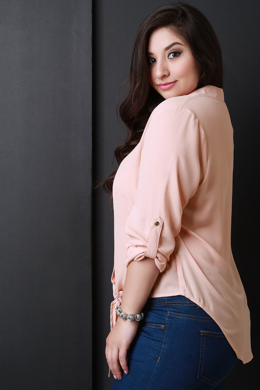 Button Up Self-Tie Hem Blouse Top