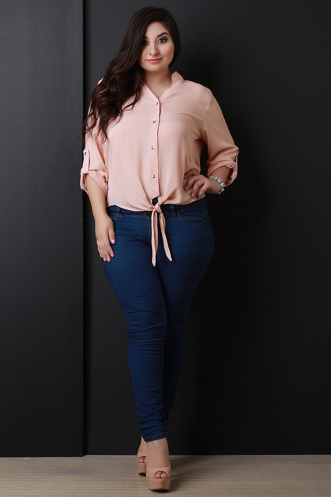 Button Up Self-Tie Hem Blouse Top