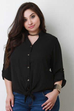 Button Up Self-Tie Hem Blouse Top