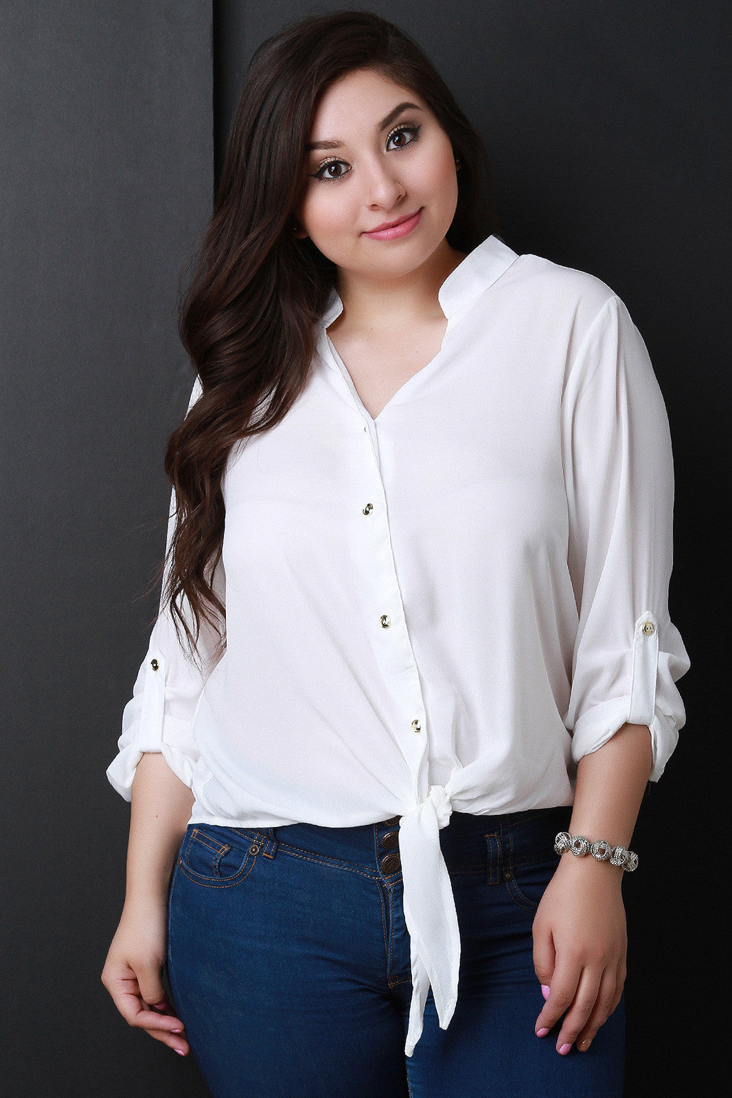 Button Up Self-Tie Hem Blouse Top