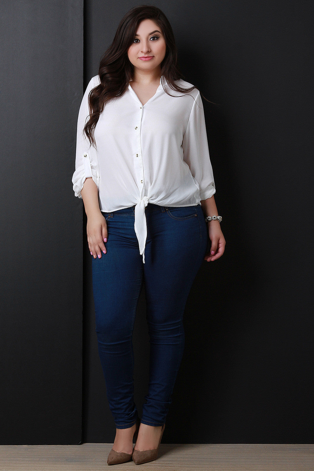 Button Up Self-Tie Hem Blouse Top