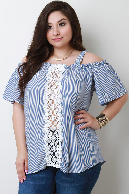 Crochet Panel Stripe Cold Shoulder Top