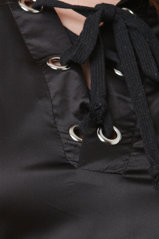Satin Hooded Lace-Up Crop Top