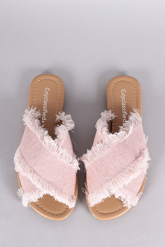 City Classified Crisscross Frayed Canvas Slide Flat Sandal