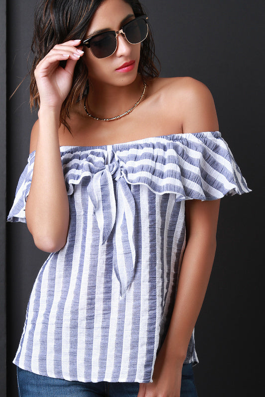 Striped Self-Tie Tier Bardot Top