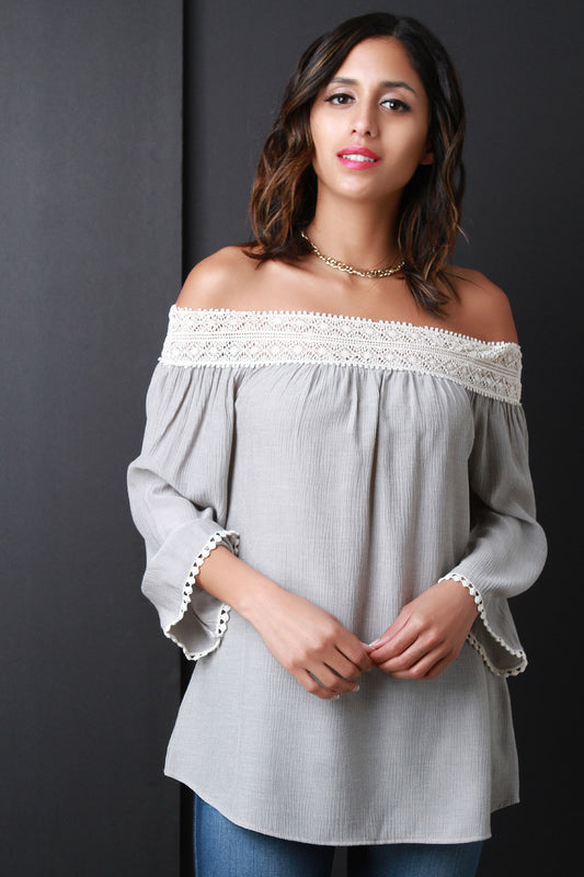 Crochet Panel Bardot Long Sleeve Top