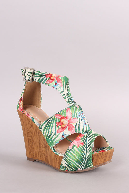 Tropical Print Cutout Peep Toe Platform Wedge