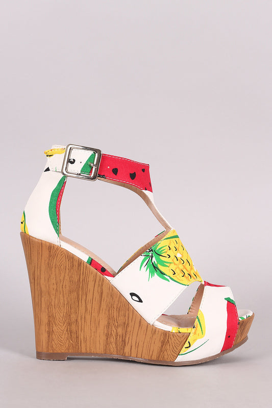 Fruit Print Cutout Peep Toe Platform Wedge