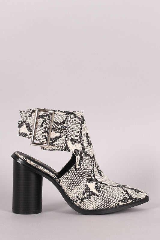 Python Pointy Toe Double Buckled Cylindrical-Heeled Ankle Boots